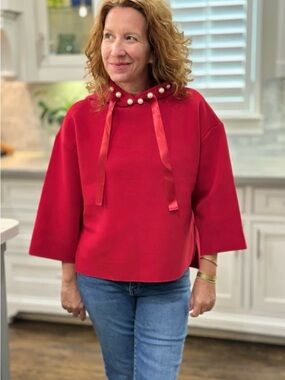 Joh Red Pearl-Trim Hoodie with Satin Ties size medium